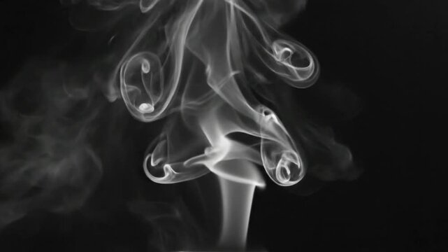 Abstract swirling white smoke rising against a dark black background forming beautiful shapes and patterns