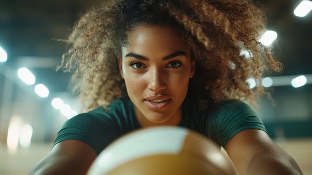 A focused woman aims her intense gaze at the camera while holding a volleyball in a brightly lit sports arena, embodying strength and dedication in team sports and athletic pursuits.