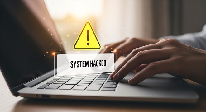 System Hacked Alert on Laptop Screen with Person Typing, Cybersecurity Concept
