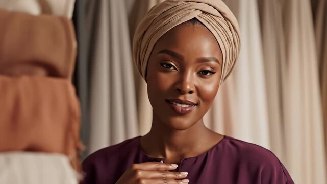 Warm Somali woman in pleated beige turban and burgundy blouse inside textile studio, soft drapery backdrop, gentle smile, refined fashion portrait with handmade fabric boutique atmosphere scene