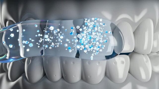 High-Definition CGI Representation Of Remineralizing Toothpaste Application On Teeth Demonstrating Active Ingredients In Clear Applicator
