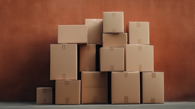 Carefully stacked cardboard boxes against a warm backdrop symbolize organization and preparedness for storage, moving or decluttering, showcasing a functional aesthetic.