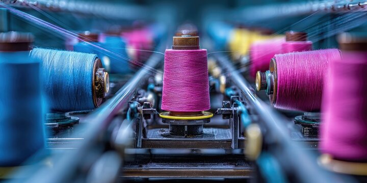 Rows of colorful spools of thread on a textile machine, creating a vibrant, abstract pattern