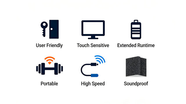 The key lock, display screen, and battery icon represent digital products with convenient operation, sensitive touch, long-lasting battery life, portable high-speed transmission, and sound insulation.