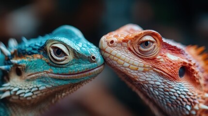 Fototapeta premium Two vibrant lizards, one turquoise and one orange, are captured in a moment of intimacy as they face each other, highlighting the beauty of nature and the diversity of reptile life.