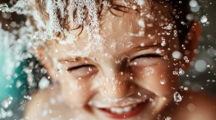 Fototapeta premium A happy child enjoying a playful moment surrounded by shimmering soap bubbles, capturing the essence of childhood joy, innocence, and carefree fun. Ideal for family-related themes.