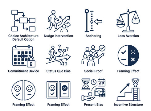 Behavioral economics and consumer decision architecture icons for policy apps, fintech nudge platforms, behavioral design dashboards, and UX research tools and strategy UI design.