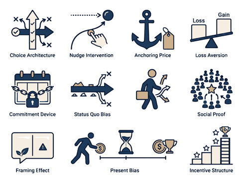 Behavioral economics and consumer decision architecture icons for policy apps, fintech nudge platforms, behavioral design dashboards, and UX research tools and strategy UI design.