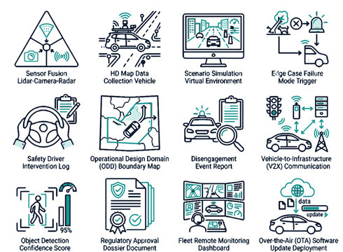 Autonomous vehicle testing and validation procedure icons for AV tech apps, mobility platforms, autonomous driving dashboards, and self-driving vehicle industry UI design tools.