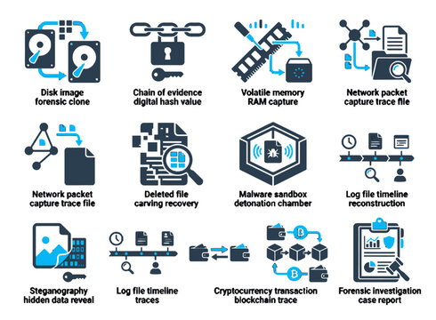 Digital forensics and cybercrime investigation procedure icons for forensic tech apps, cyber investigation platforms, incident response dashboards, and digital forensics UI design tools.