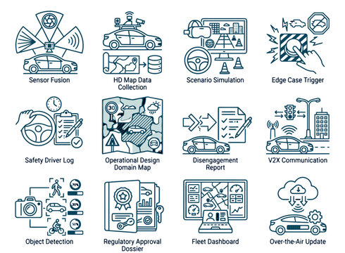 Autonomous vehicle testing and validation procedure icons for AV tech apps, mobility platforms, autonomous driving dashboards, and self-driving vehicle industry UI design tools.