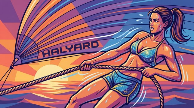 Dynamic Vector Illustration of an Active Woman in a Bikini Pulling a Sailboat Halyard