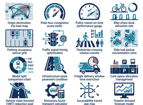 Urban mobility data analytics and smart transportation system icons for smart city apps, transportation planning platforms, mobility analytics dashboards, and urban tech UI design tools.