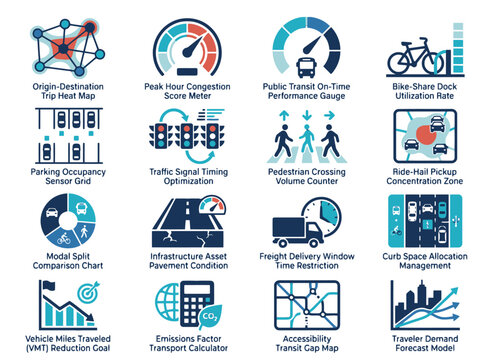 Urban mobility data analytics and smart transportation system icons for smart city apps, transportation planning platforms, mobility analytics dashboards, and urban tech UI design tools.