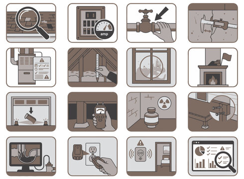 Home inspection and property condition assessment documentation icons for home inspection apps, real estate platforms, property management dashboards, and building assessment UI design.