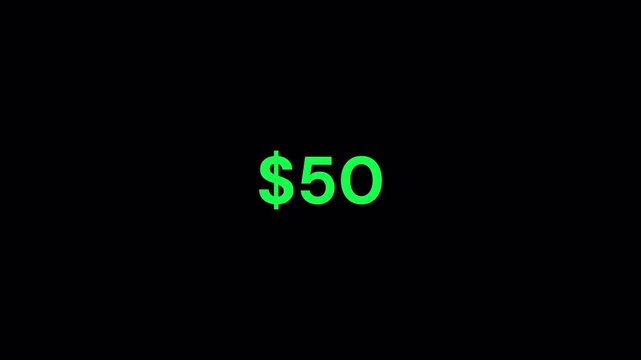 Animated Dollar Amount Counter Counting from Zero to One Hundred 0 to 100 with Smooth Numeric Increase for Financial Investment Banking and Profit Concept on Transparent Background 4K Video