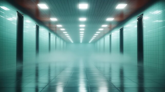 A surreal image capturing a foggy corridor featuring shiny tiles and bright ceiling lights, instilling a sense of mystique and depth in urban architecture.