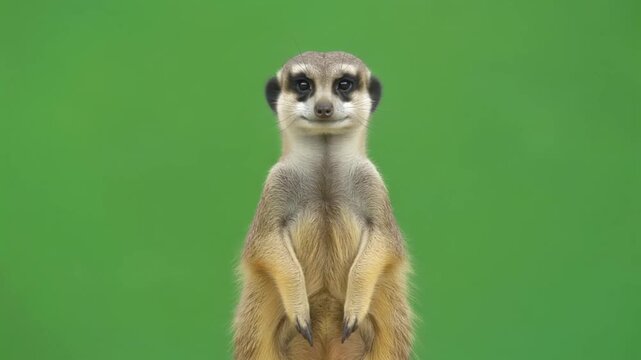 An alert and curious meerkat stands tall, captivating viewers with its direct gaze against a vibrant green screen, ready for any creative project