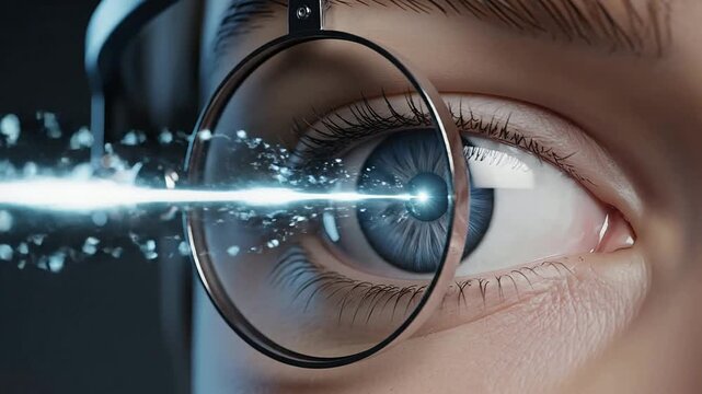 High-Quality CGI Close-Up of Eye Undergoing Digital Vision Correction Treatment with Glasses Comparison