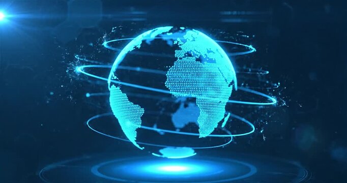 Futuristic Digital Earth Globe News Background with Rotating Hologram World Map and Blue Technology Interface for Breaking News, Global Broadcast, Finance, AI and Business Videos