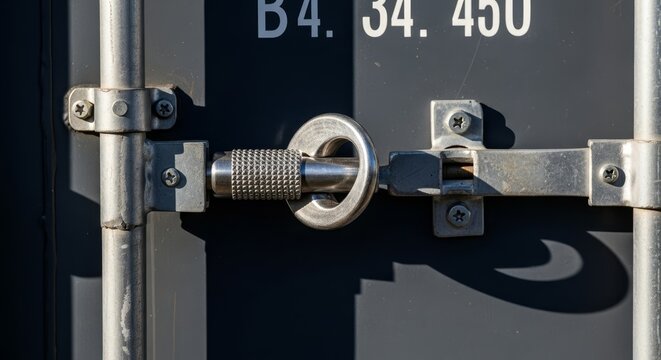 Detailed close-up of a heavy-duty metal shipping container lock mechanism secured on a dark industrial door