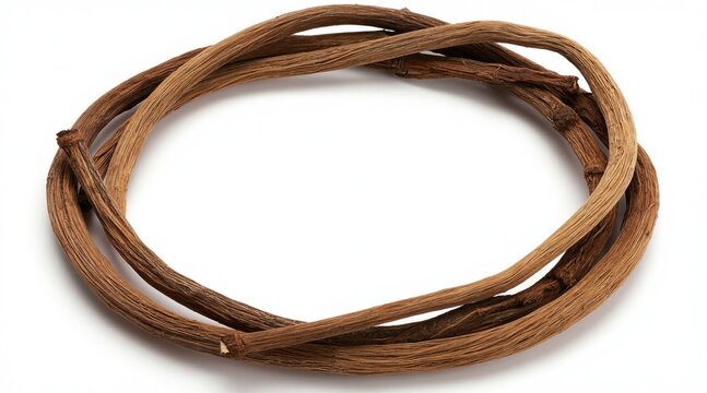 Dried grapevine roots form circular frame against clean white background. Tangled branches showcase natural, rustic texture, warm earthy tones. Composition offers versatile element for design