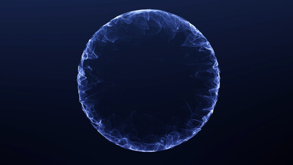 Fototapeta premium Blue glowing energy ring sphere with electric light waves, abstract futuristic orb on dark background, luminous circular plasma shape.