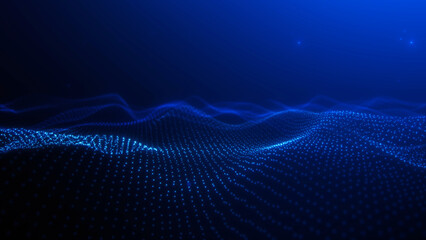 Blue digital particle wave landscape with glowing dots, abstract data grid surface, futuristic technology background with depth and light motion. © Vooper