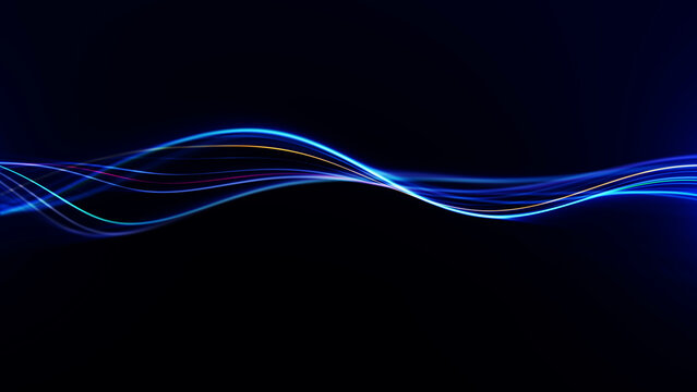 Multicolor neon wave lines on dark background, abstract light streaks with blue, cyan and gold curves, futuristic technology design.