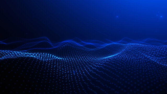 Blue digital particle wave landscape with glowing dots, abstract data grid surface, futuristic technology background with depth and light motion.