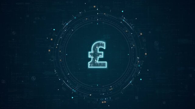 Motion graphic of pound symbol and digital finance interface with glowing circular data elements, designed for fintech background and business presentation use.