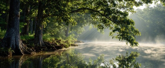Fototapeta premium Sunbeams pierce mist over serene forest lake with reflections