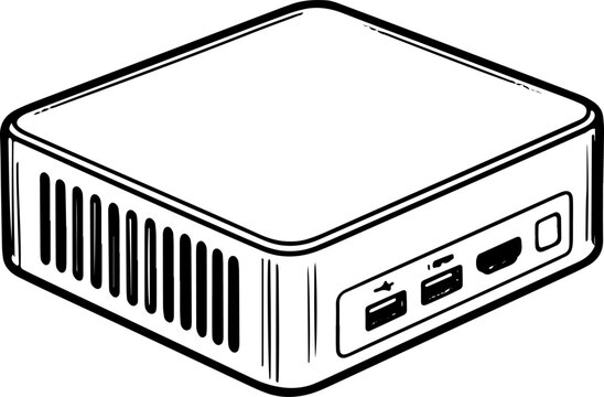 Compact Mini PC with Multiple Ports Black and White Vector Illustration