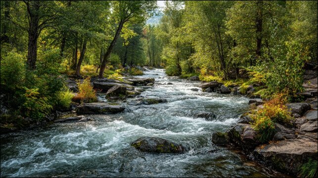 Beautiful river scene with fast water flows close to the woods.