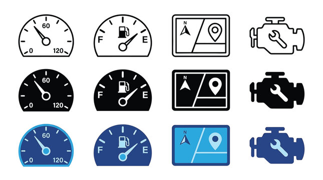 Set of car dashboard icons including speedometer, fuel gauge, navigation map, and engine check light in outline, solid, and blue styles