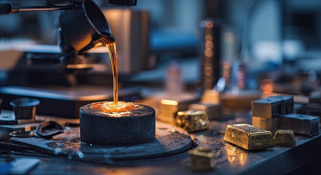 Molten precious metal is poured into a mold, with ingots nearby
