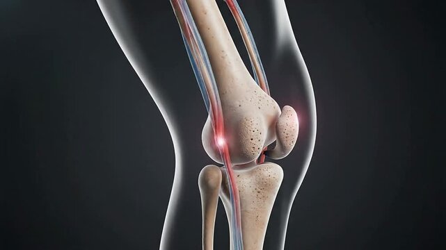 High-Quality Medical CGI Visualization of Human Knee Joint Anatomy with Detailed Bones, Tendons, and Blood Vessels on Dark Studio Background