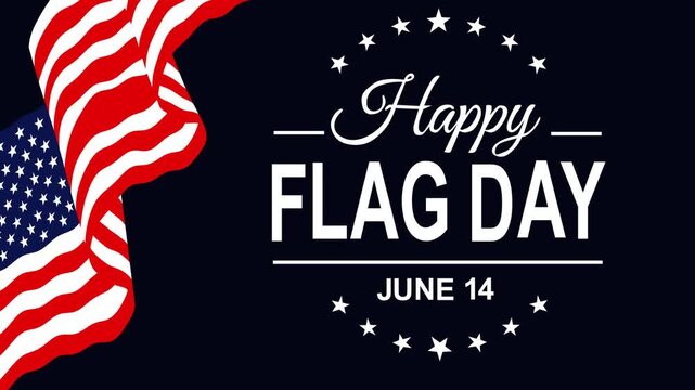 Patriotic Flag Day footage featuring waving American flag elements, stars, and bold typography on dark background. Perfect for USA celebration, national holiday, and independence themes.