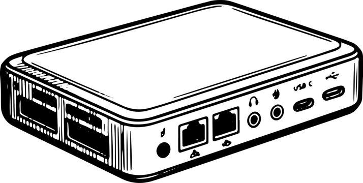 Multi Port Mini Computer Device Black and White Vector Illustration