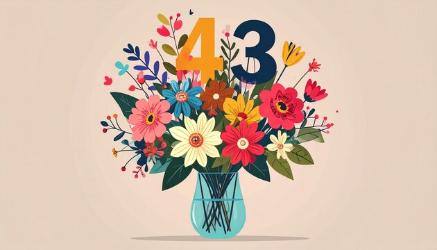 Vibrant Flower Bouquet with Number 43 for Birthday or Anniversary Celebration