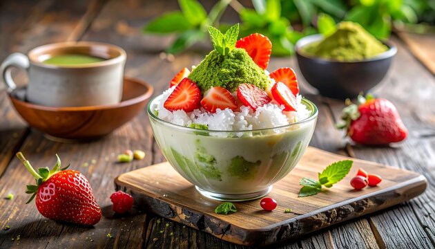 A dessert bowl with strawberries and green powder on a wooden board