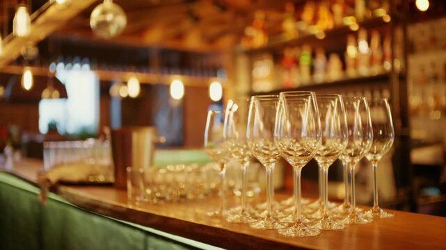 Empty crystal glasses arranged on wooden counter in dimly lit refined restaurant dining establishment.