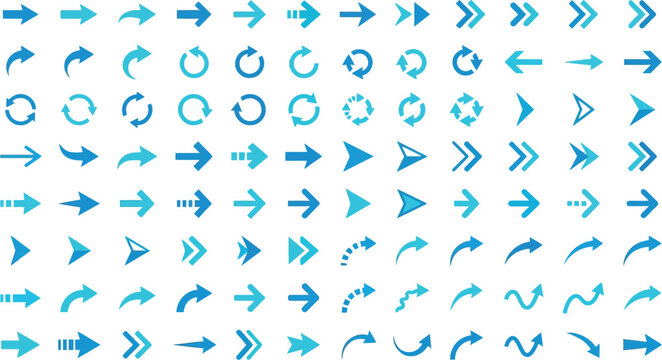 Arrows in various blue styles represent a comprehensive collection of directional indicators for digital interface design.