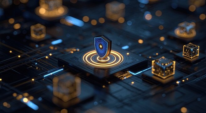 Digital shield symbol on a futuristic circuit board with glowing elements