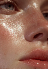 Fototapeta premium Close up view of youthful face with glistening skin, natural beauty and healthy glow. skin features freckles and soft sheen, emphasizing freshness and vitality