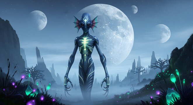 Glowing alien creature standing in misty alien landscape with giant moons