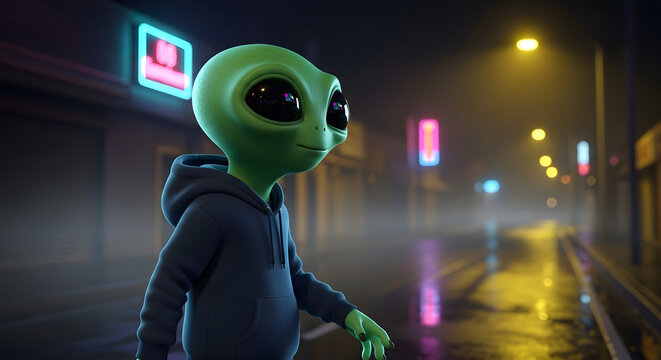 Cute green alien in hoodie walking on neon city street at night