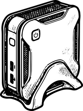 Mini PC with Stand and Power Button Black and White Vector Illustration