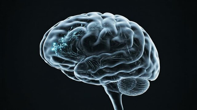 High-Resolution CGI Depiction of a Human Brain Highlighting Neural Connections on Dark Background for Neuroscience and Medical Visualization