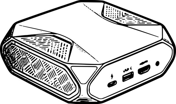 Hexagonal Mini PC Device with Ports Black and White Vector Illustration